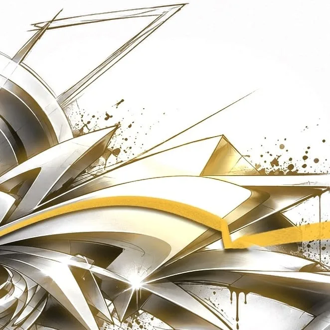 Gold-silberne abstrakte Graffiti-Studie auf weißem Grund