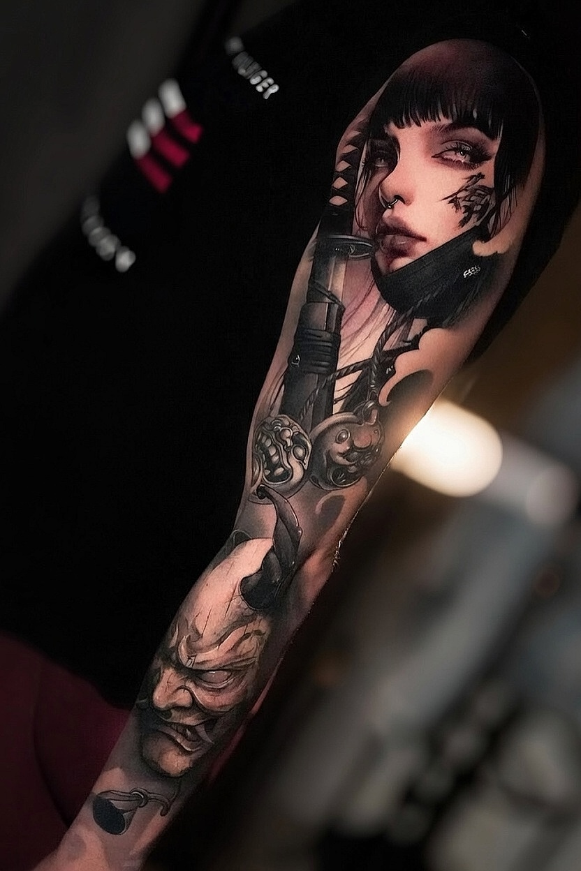 Realistischer Sleeve mit Frauenporträt und japanischen Motiven